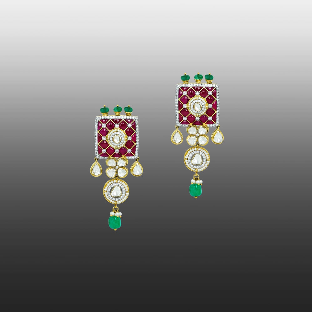 Ruby Talaf Earrings with Polki and Emerald Bead Drops